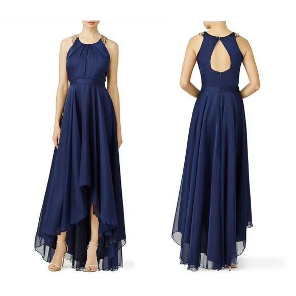 Allison Parris Midnight Moon Gown 4 Beaded Straps Keyhole Cutout High-Low Hem